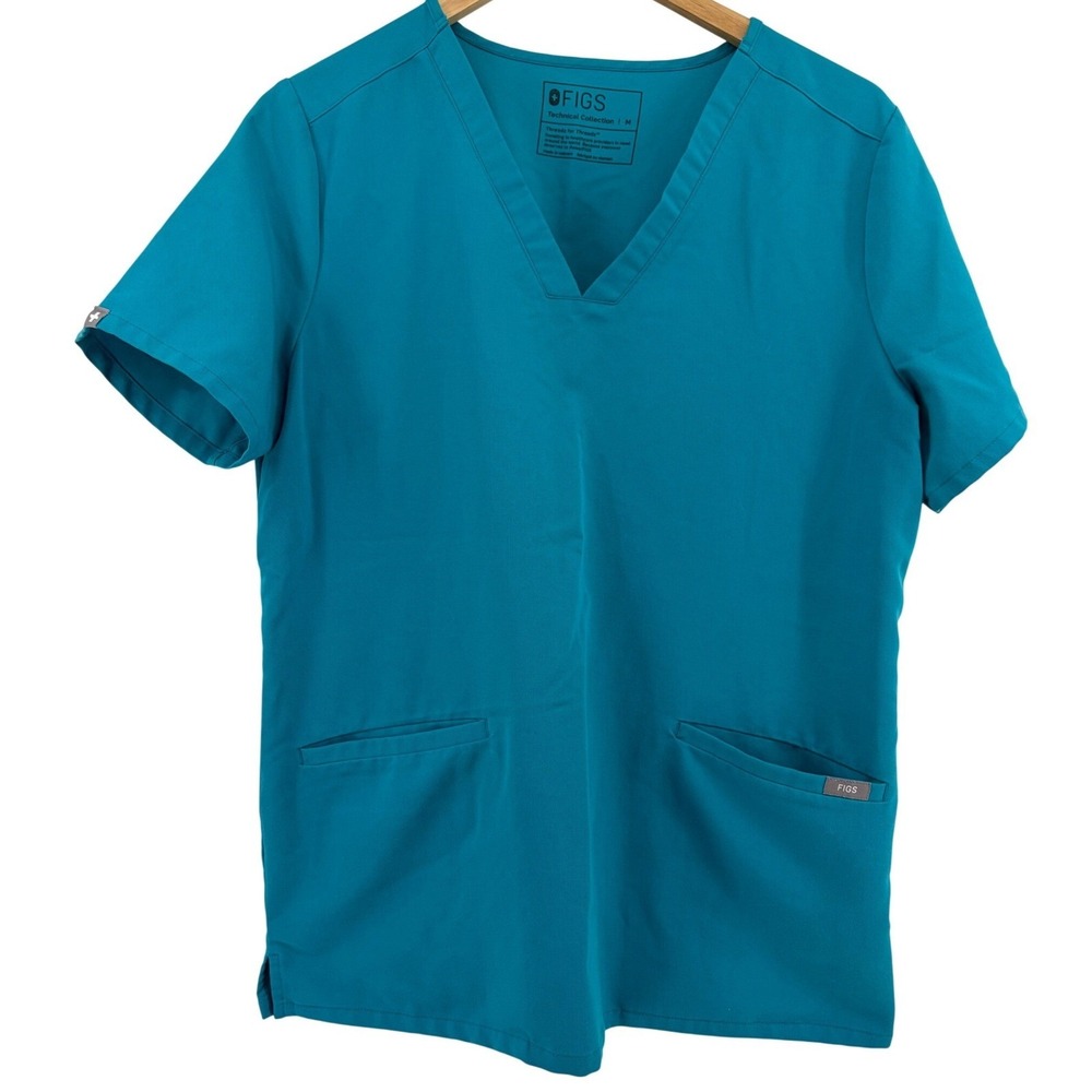FIGS Technical Collection Teal Blue V-Neck Scrub Top Womens Medium Short Sleeve